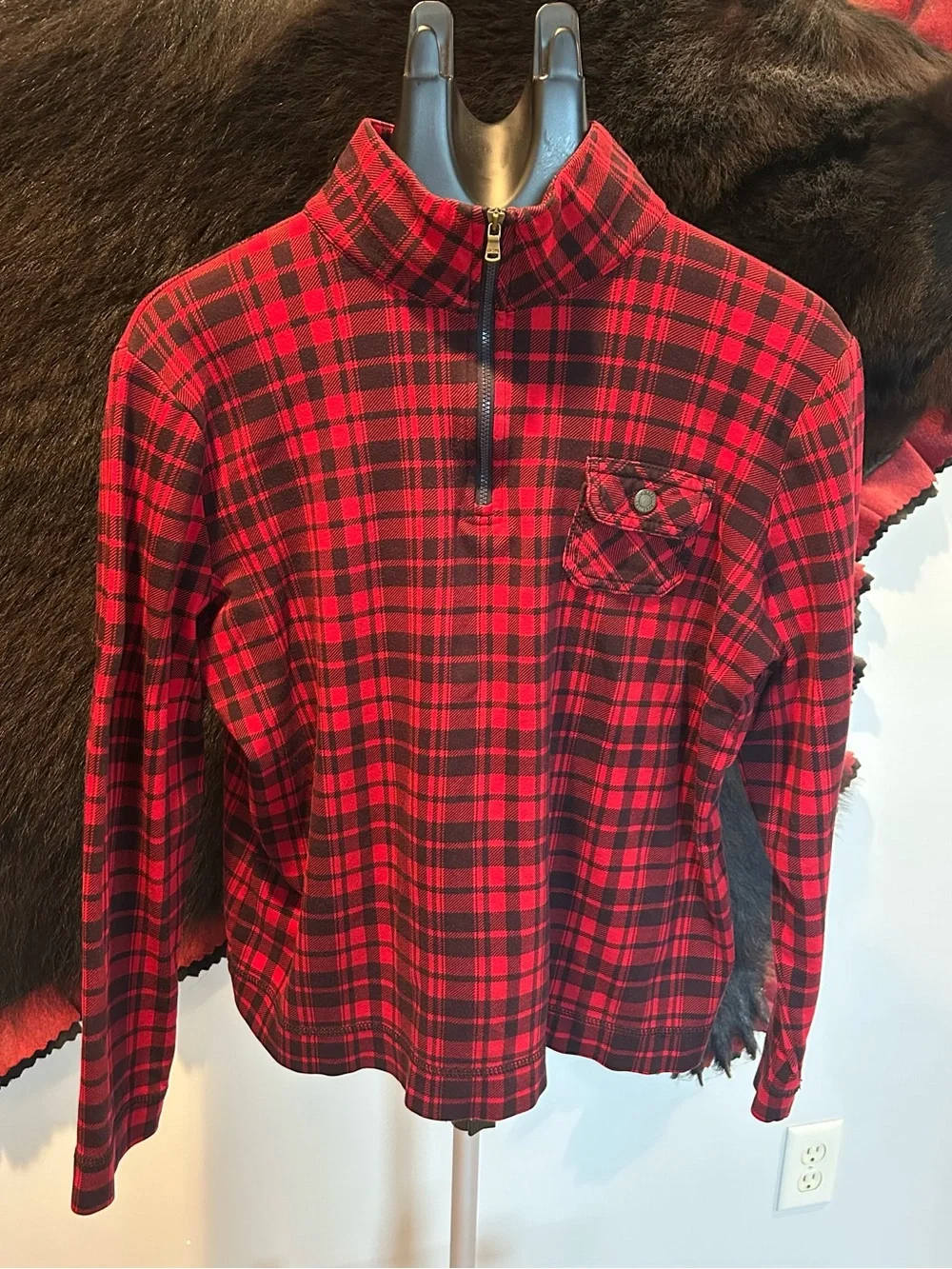 Chaps Ralph Lauren Red and Black Plaid Half-Zip Pullover Sz XL - Picture 1 of 9
